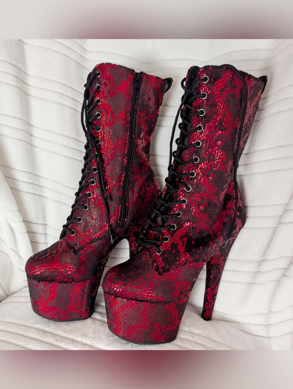 Pleaser Red Snake-Print Lace-Up 7 Inch Boots